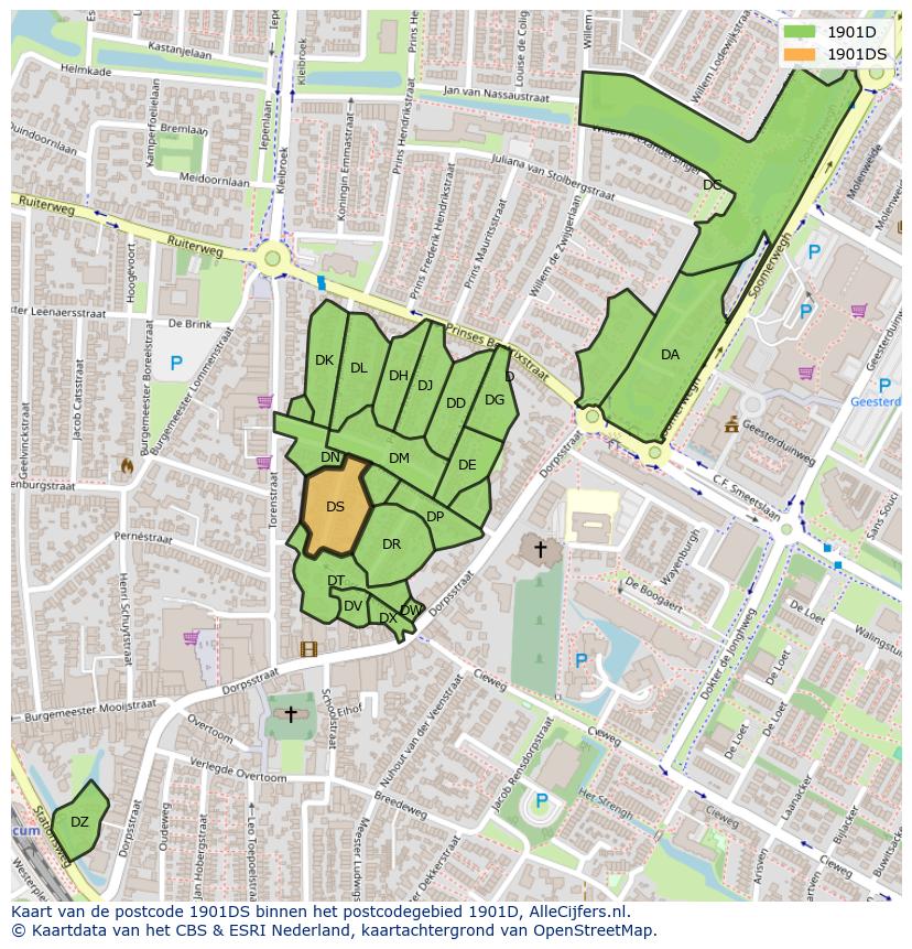 Afbeelding van het postcodegebied 1901 DS op de kaart.