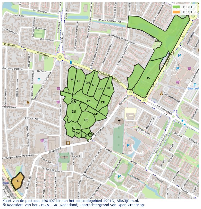 Afbeelding van het postcodegebied 1901 DZ op de kaart.