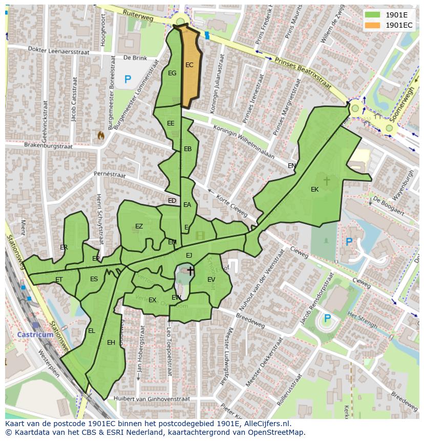 Afbeelding van het postcodegebied 1901 EC op de kaart.