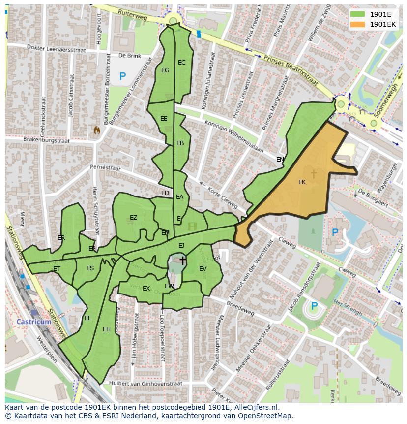 Afbeelding van het postcodegebied 1901 EK op de kaart.