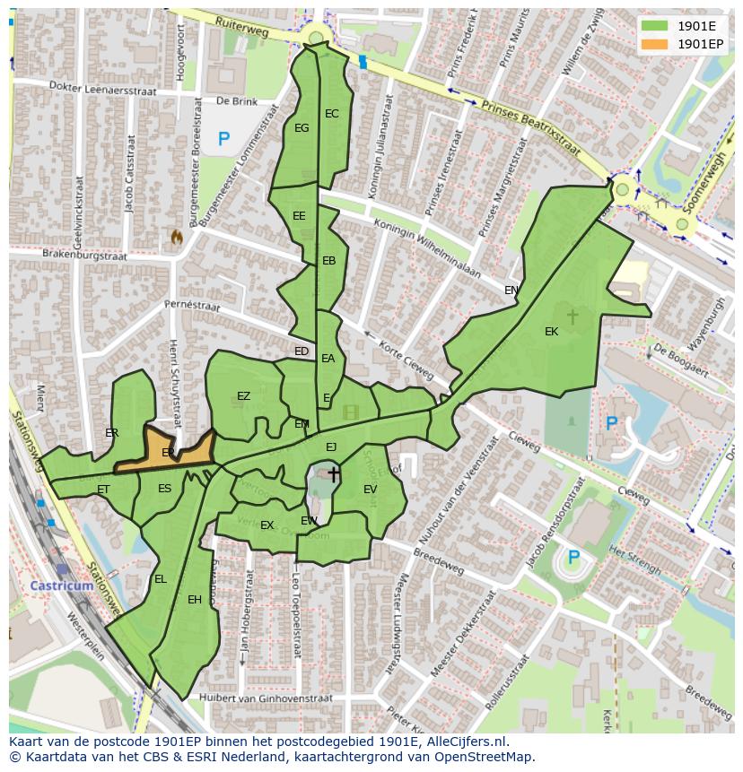 Afbeelding van het postcodegebied 1901 EP op de kaart.