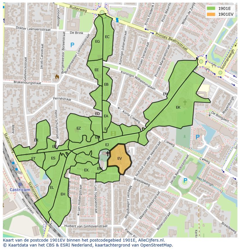 Afbeelding van het postcodegebied 1901 EV op de kaart.