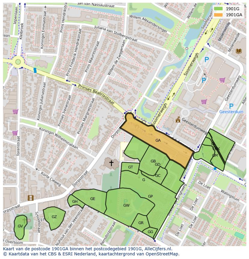 Afbeelding van het postcodegebied 1901 GA op de kaart.
