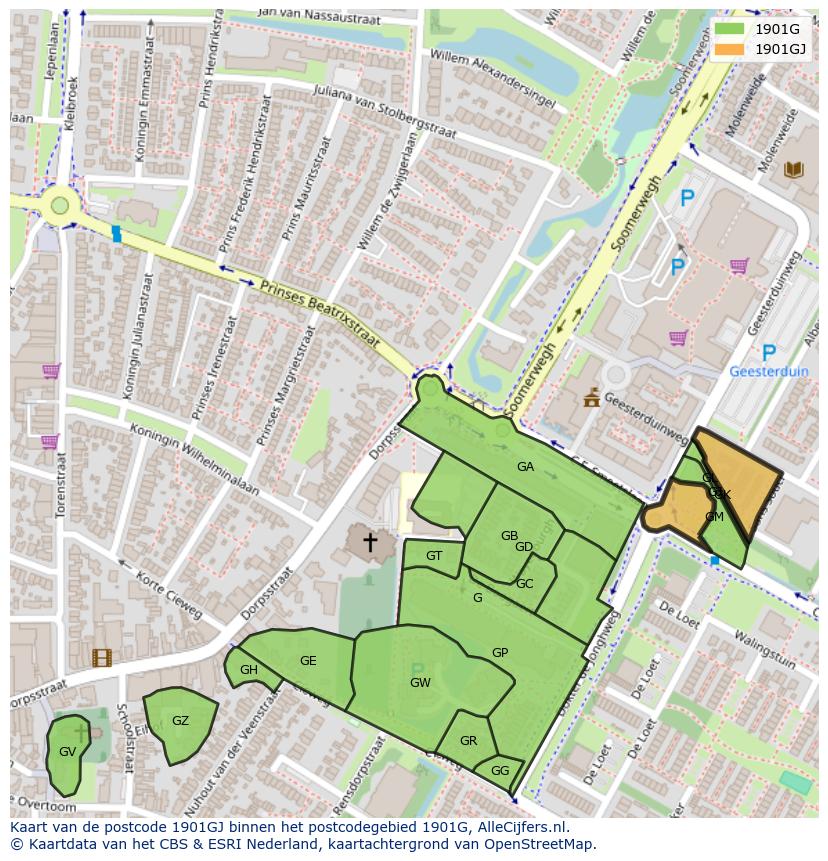 Afbeelding van het postcodegebied 1901 GJ op de kaart.