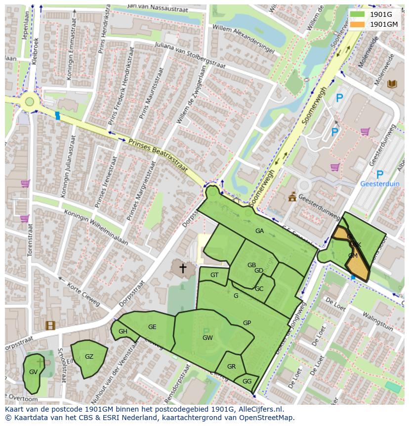 Afbeelding van het postcodegebied 1901 GM op de kaart.