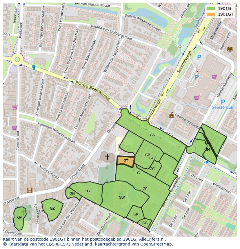 Afbeelding van het postcodegebied 1901 GT op de kaart.
