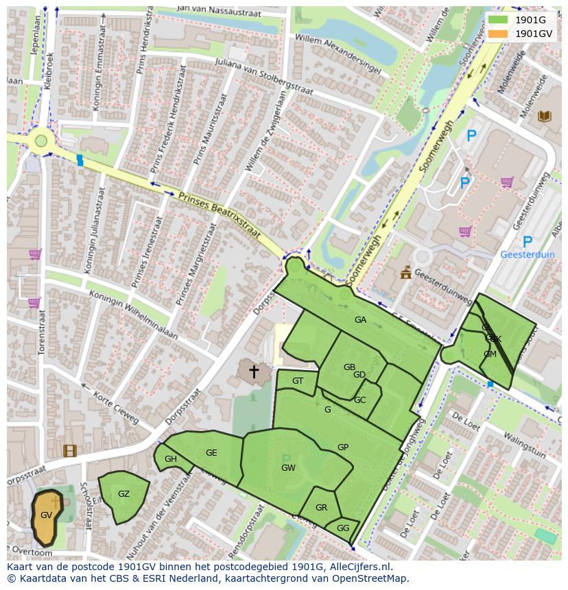 Afbeelding van het postcodegebied 1901 GV op de kaart.