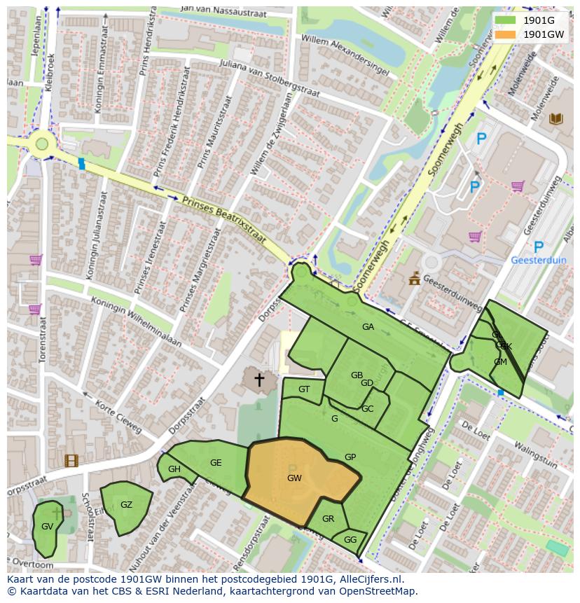 Afbeelding van het postcodegebied 1901 GW op de kaart.