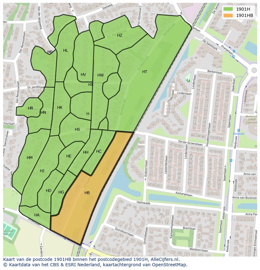 Afbeelding van het postcodegebied 1901 HB op de kaart.