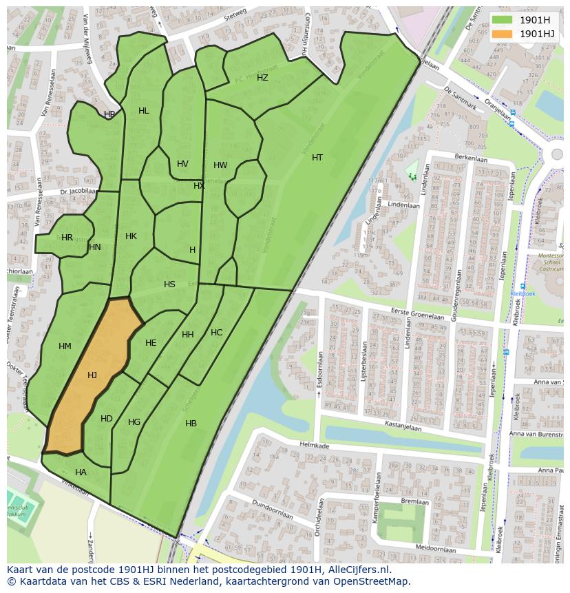Afbeelding van het postcodegebied 1901 HJ op de kaart.