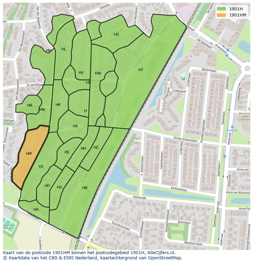 Afbeelding van het postcodegebied 1901 HM op de kaart.