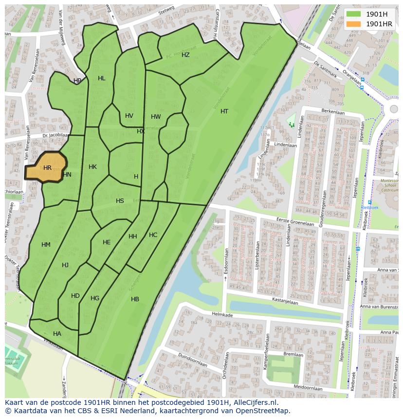 Afbeelding van het postcodegebied 1901 HR op de kaart.