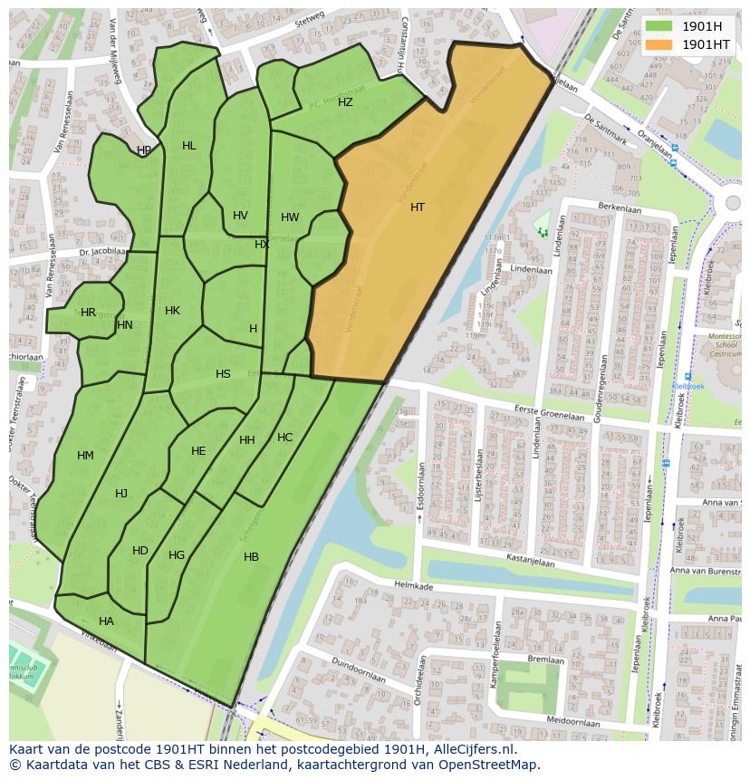 Afbeelding van het postcodegebied 1901 HT op de kaart.