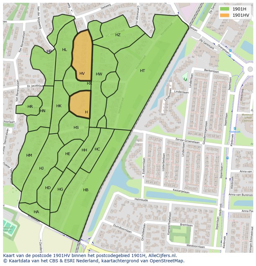 Afbeelding van het postcodegebied 1901 HV op de kaart.