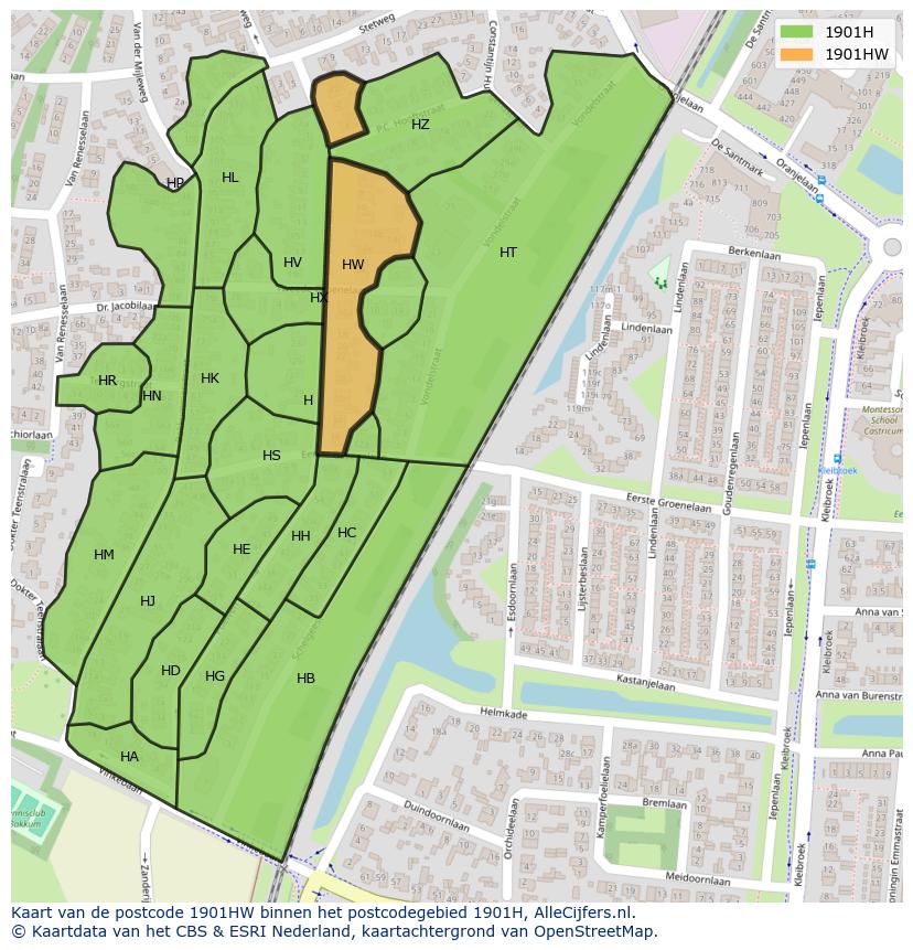 Afbeelding van het postcodegebied 1901 HW op de kaart.