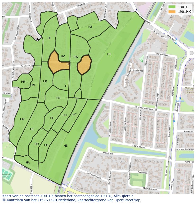 Afbeelding van het postcodegebied 1901 HX op de kaart.