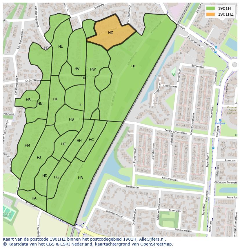 Afbeelding van het postcodegebied 1901 HZ op de kaart.