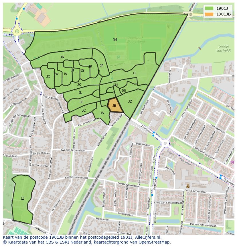 Afbeelding van het postcodegebied 1901 JB op de kaart.