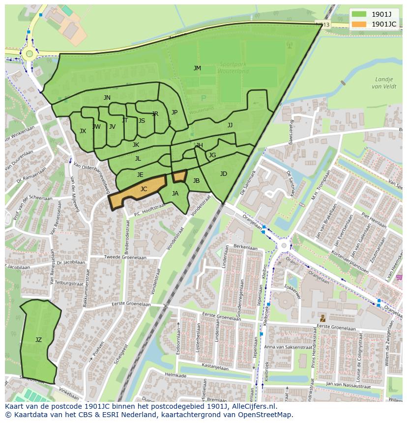 Afbeelding van het postcodegebied 1901 JC op de kaart.
