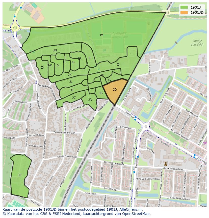 Afbeelding van het postcodegebied 1901 JD op de kaart.