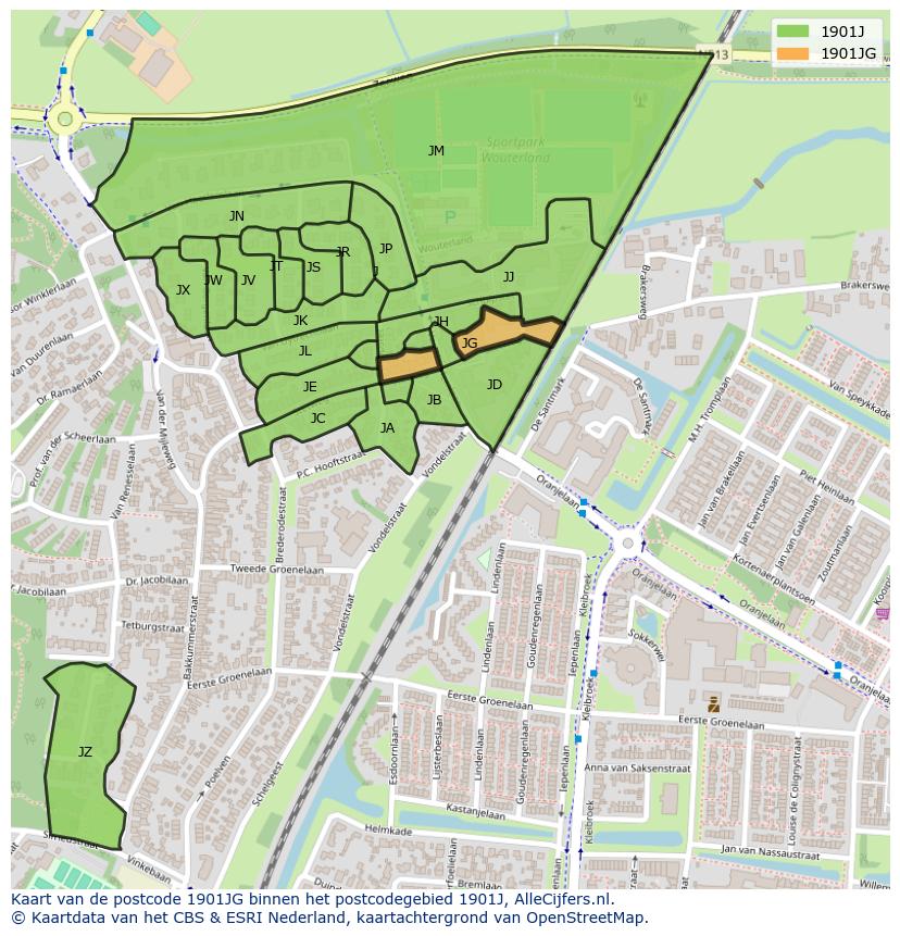 Afbeelding van het postcodegebied 1901 JG op de kaart.
