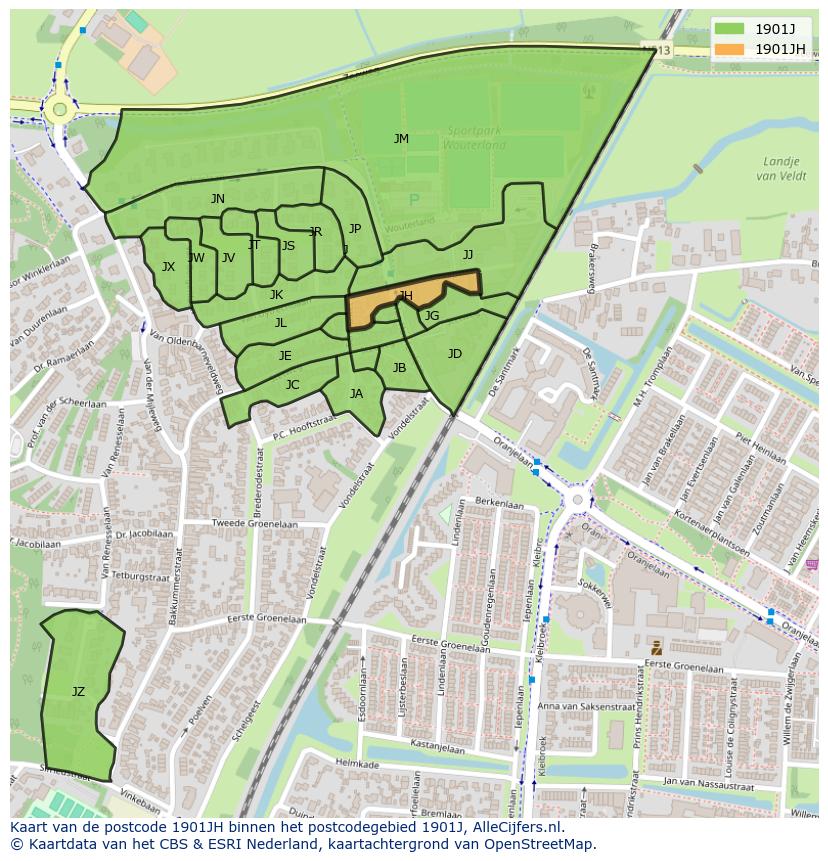 Afbeelding van het postcodegebied 1901 JH op de kaart.