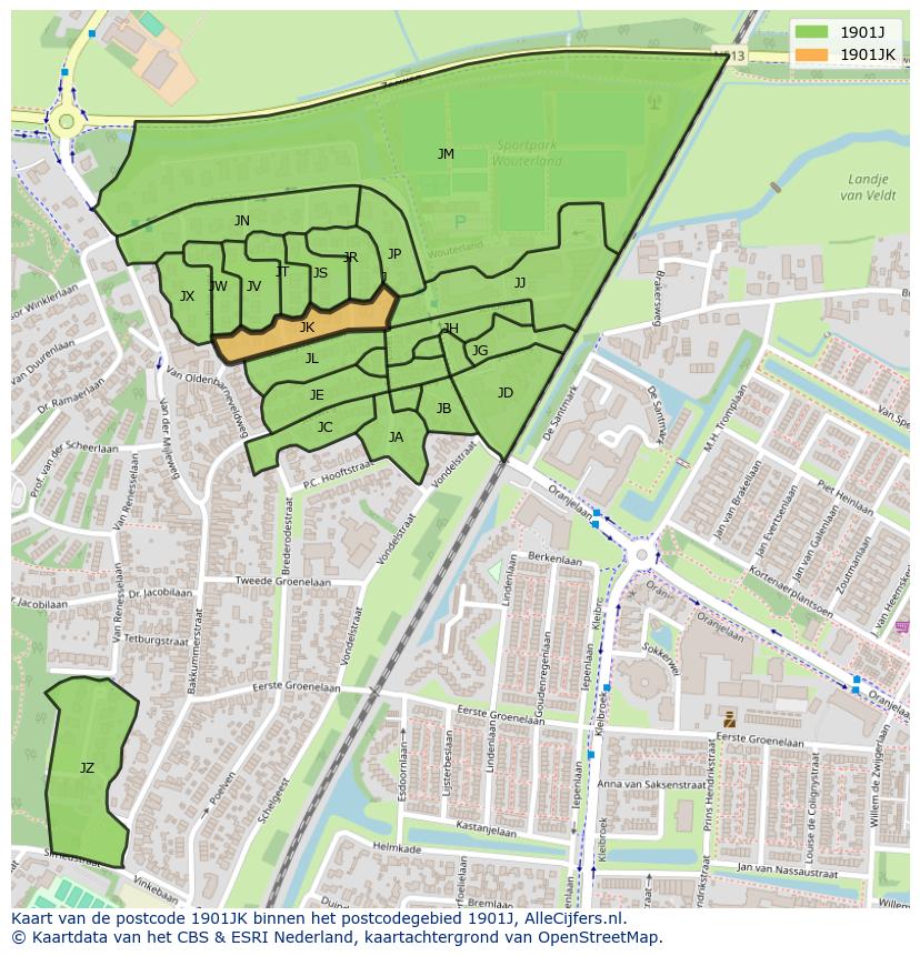 Afbeelding van het postcodegebied 1901 JK op de kaart.