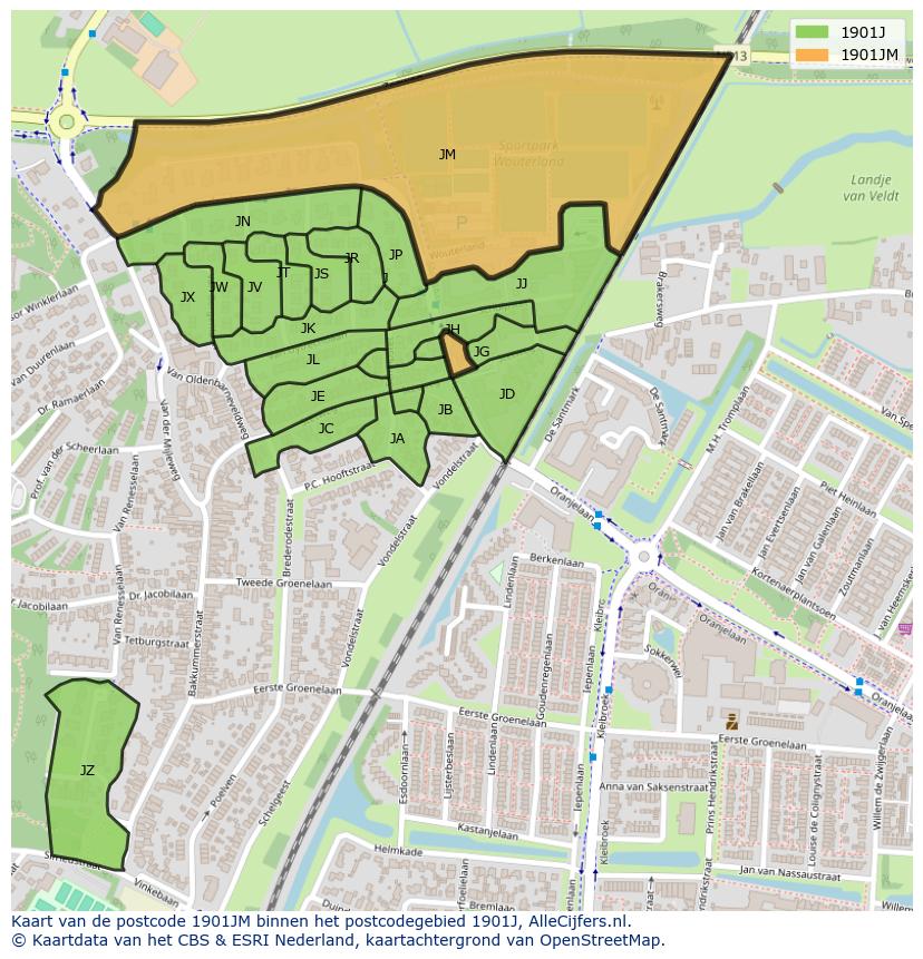 Afbeelding van het postcodegebied 1901 JM op de kaart.