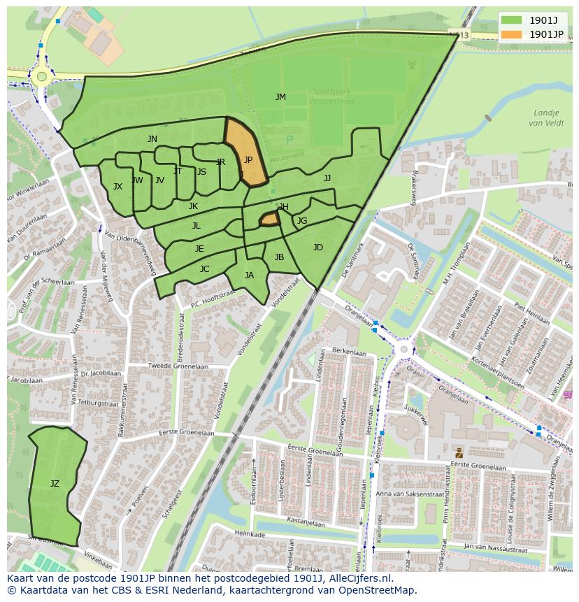 Afbeelding van het postcodegebied 1901 JP op de kaart.