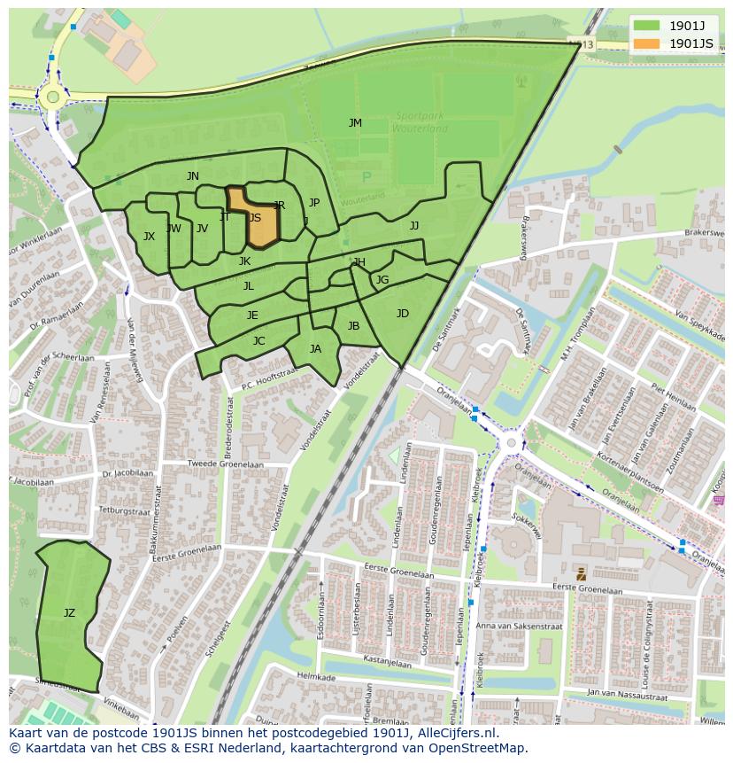 Afbeelding van het postcodegebied 1901 JS op de kaart.