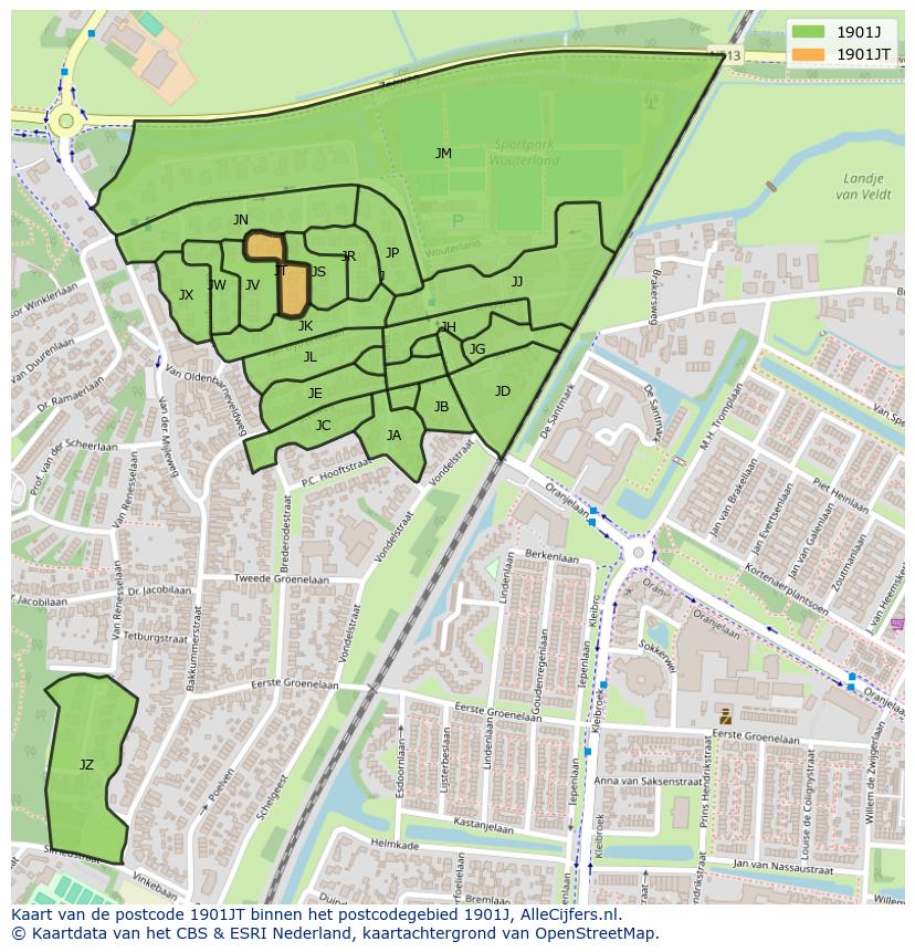 Afbeelding van het postcodegebied 1901 JT op de kaart.