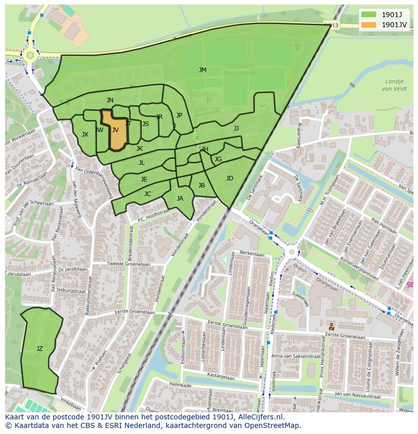 Afbeelding van het postcodegebied 1901 JV op de kaart.