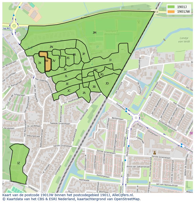 Afbeelding van het postcodegebied 1901 JW op de kaart.