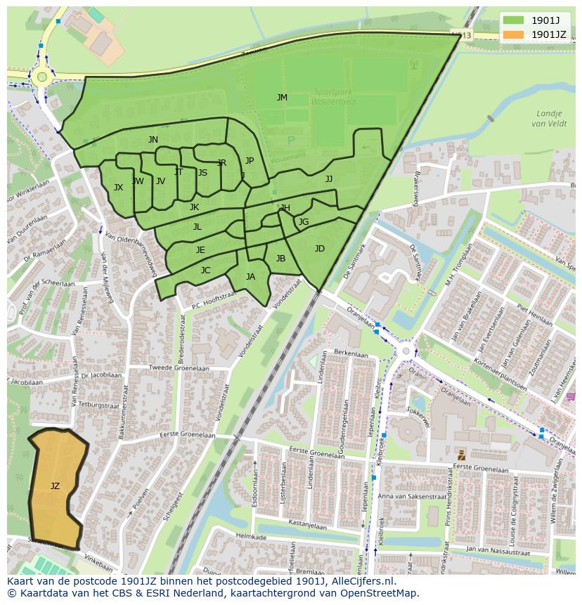 Afbeelding van het postcodegebied 1901 JZ op de kaart.