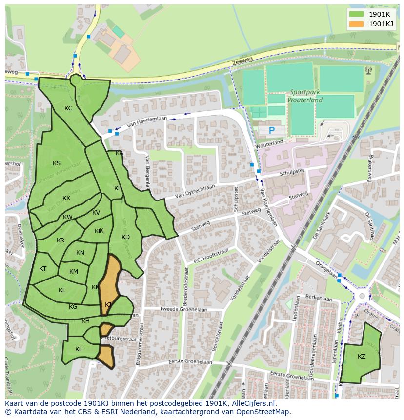 Afbeelding van het postcodegebied 1901 KJ op de kaart.