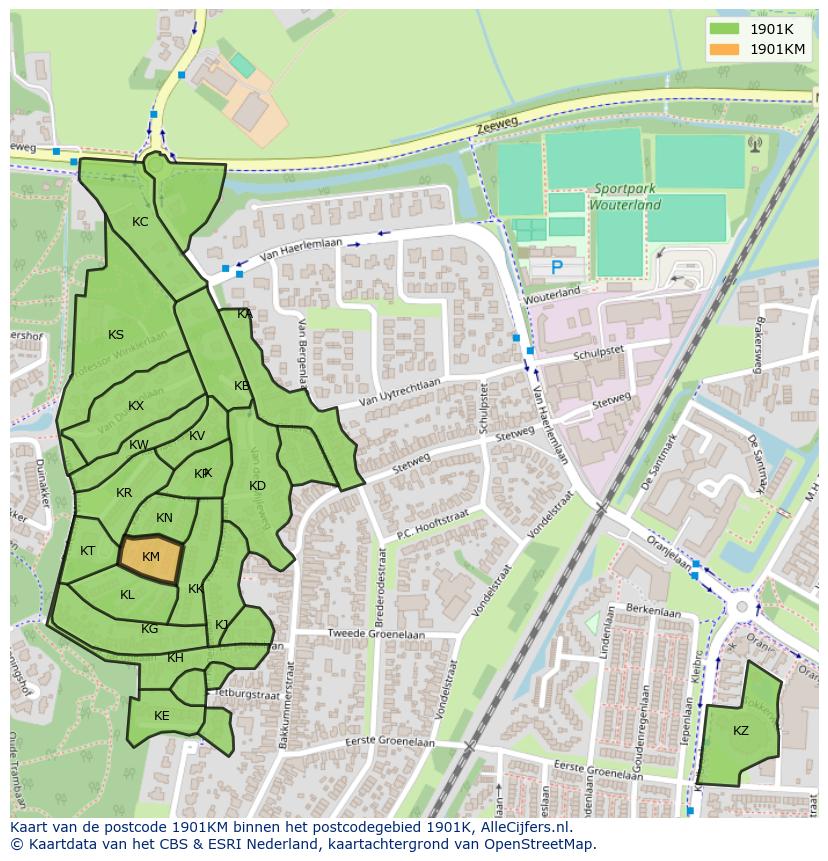 Afbeelding van het postcodegebied 1901 KM op de kaart.