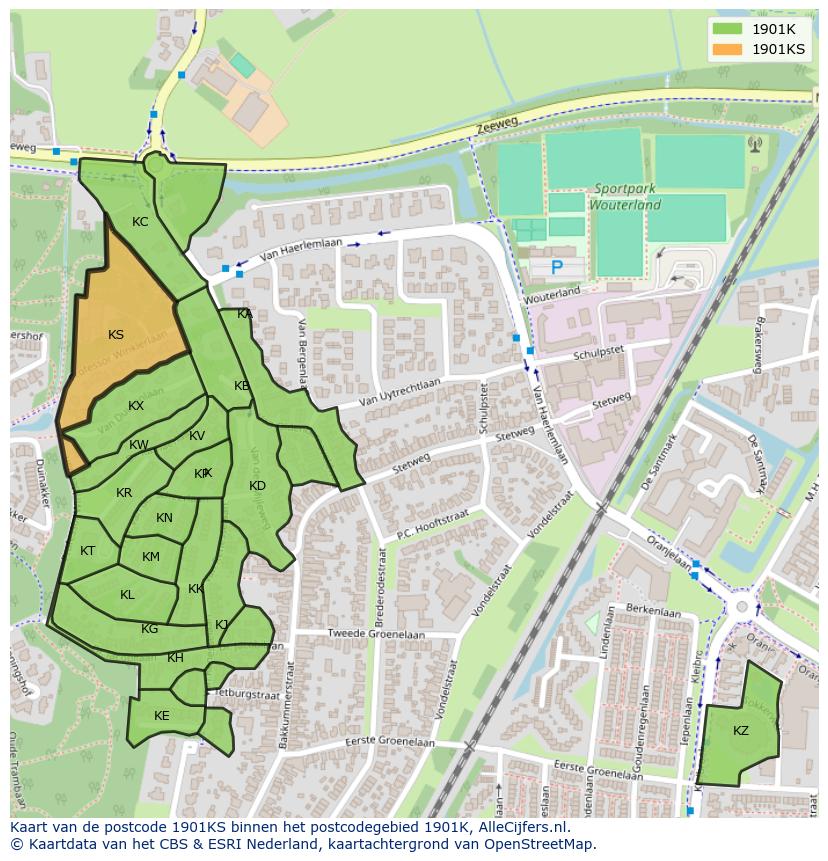 Afbeelding van het postcodegebied 1901 KS op de kaart.