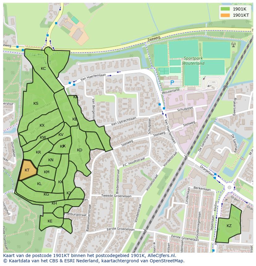 Afbeelding van het postcodegebied 1901 KT op de kaart.