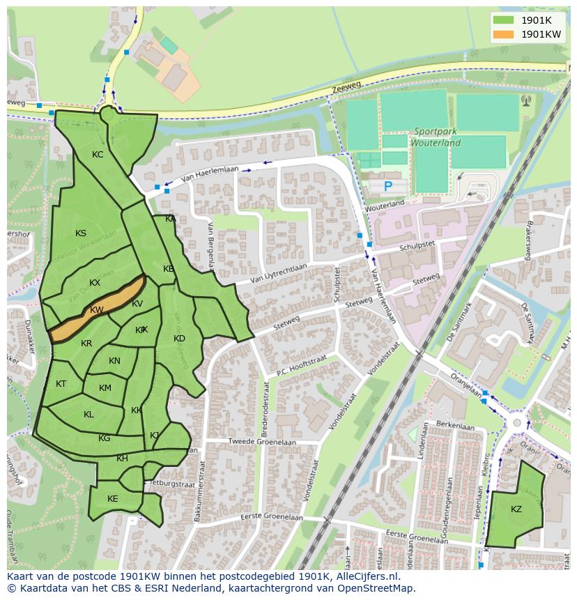 Afbeelding van het postcodegebied 1901 KW op de kaart.