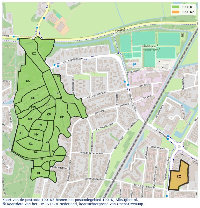 Afbeelding van het postcodegebied 1901 KZ op de kaart.