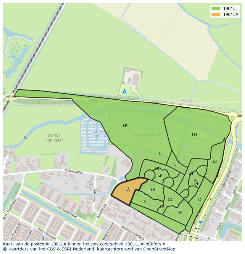 Afbeelding van het postcodegebied 1901 LA op de kaart.