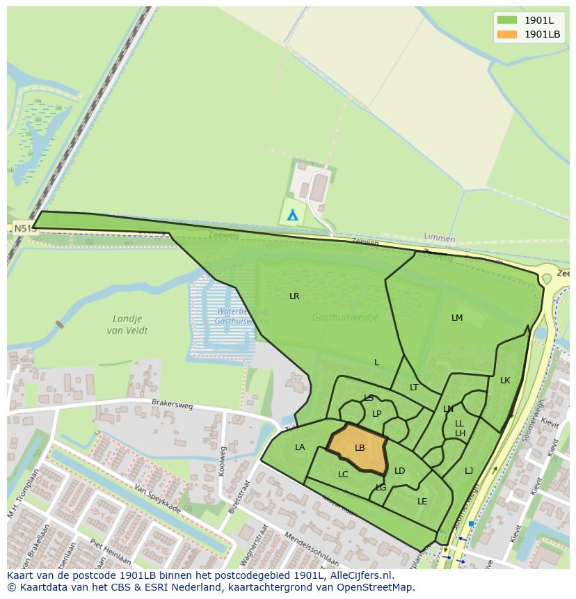 Afbeelding van het postcodegebied 1901 LB op de kaart.