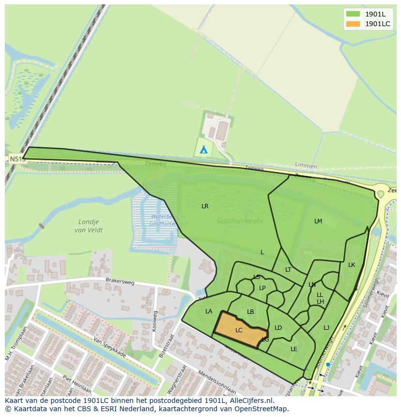 Afbeelding van het postcodegebied 1901 LC op de kaart.