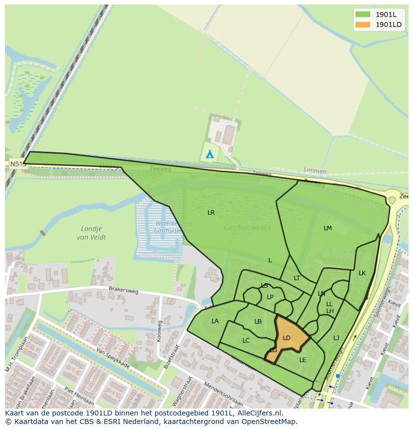 Afbeelding van het postcodegebied 1901 LD op de kaart.