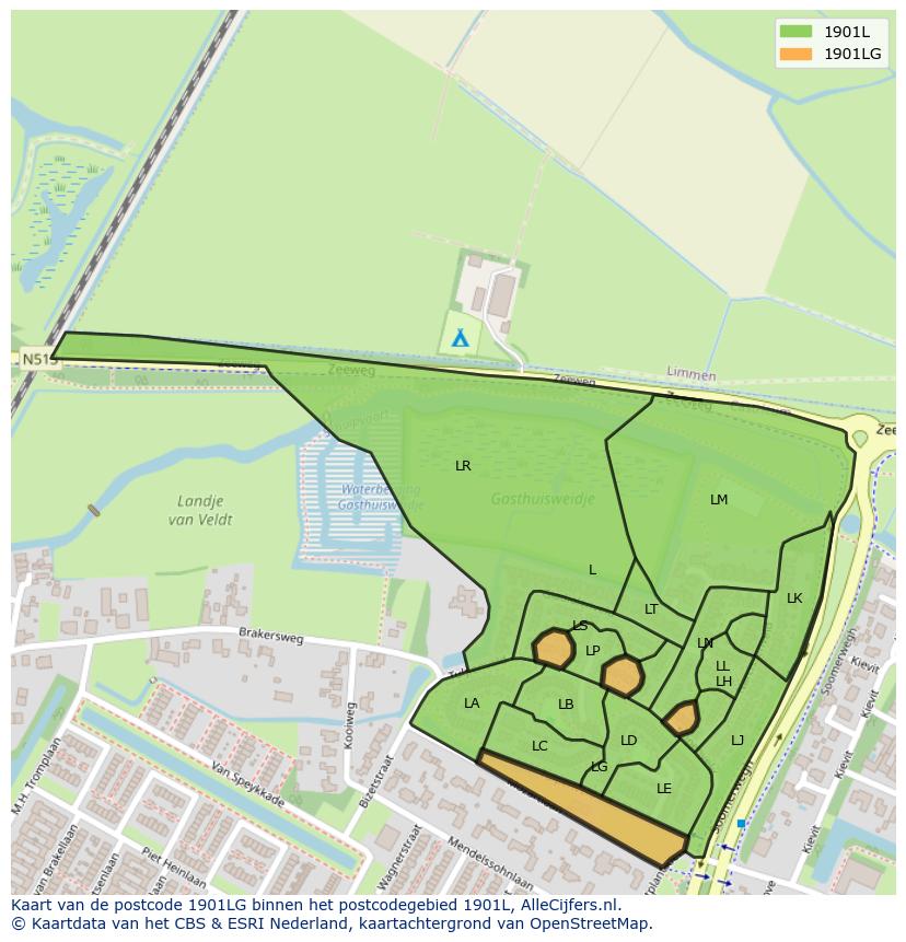 Afbeelding van het postcodegebied 1901 LG op de kaart.