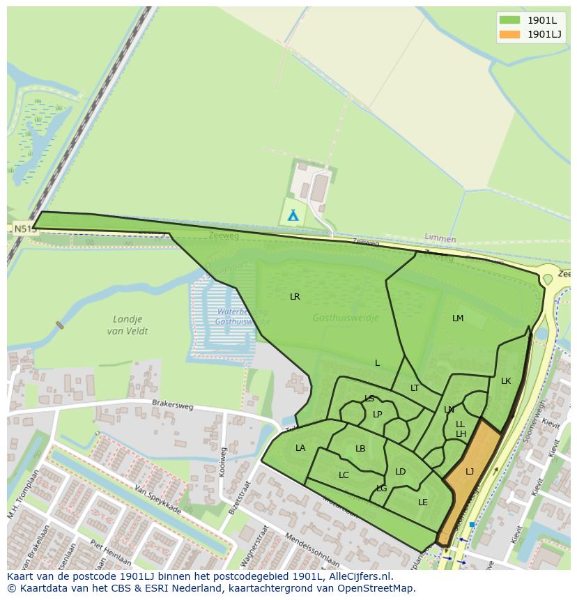 Afbeelding van het postcodegebied 1901 LJ op de kaart.