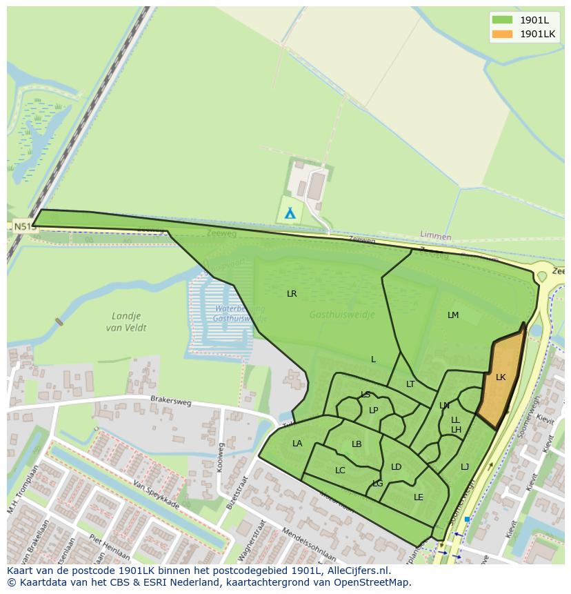 Afbeelding van het postcodegebied 1901 LK op de kaart.