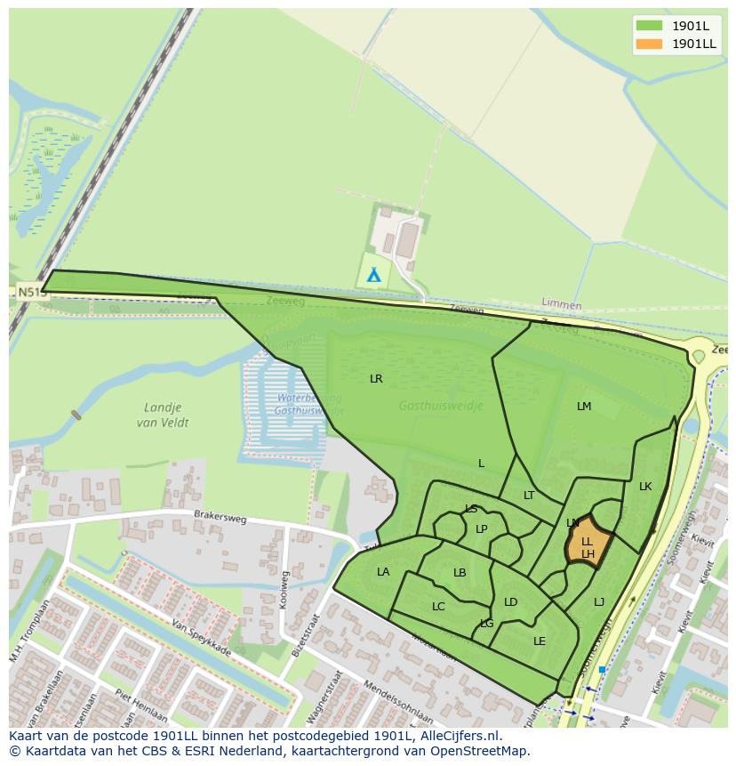 Afbeelding van het postcodegebied 1901 LL op de kaart.