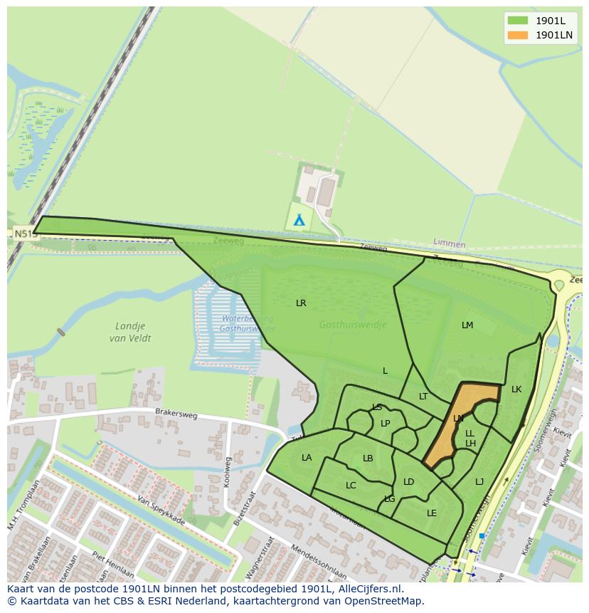 Afbeelding van het postcodegebied 1901 LN op de kaart.