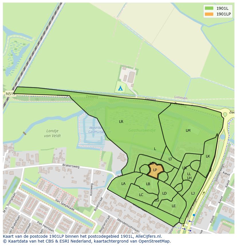 Afbeelding van het postcodegebied 1901 LP op de kaart.